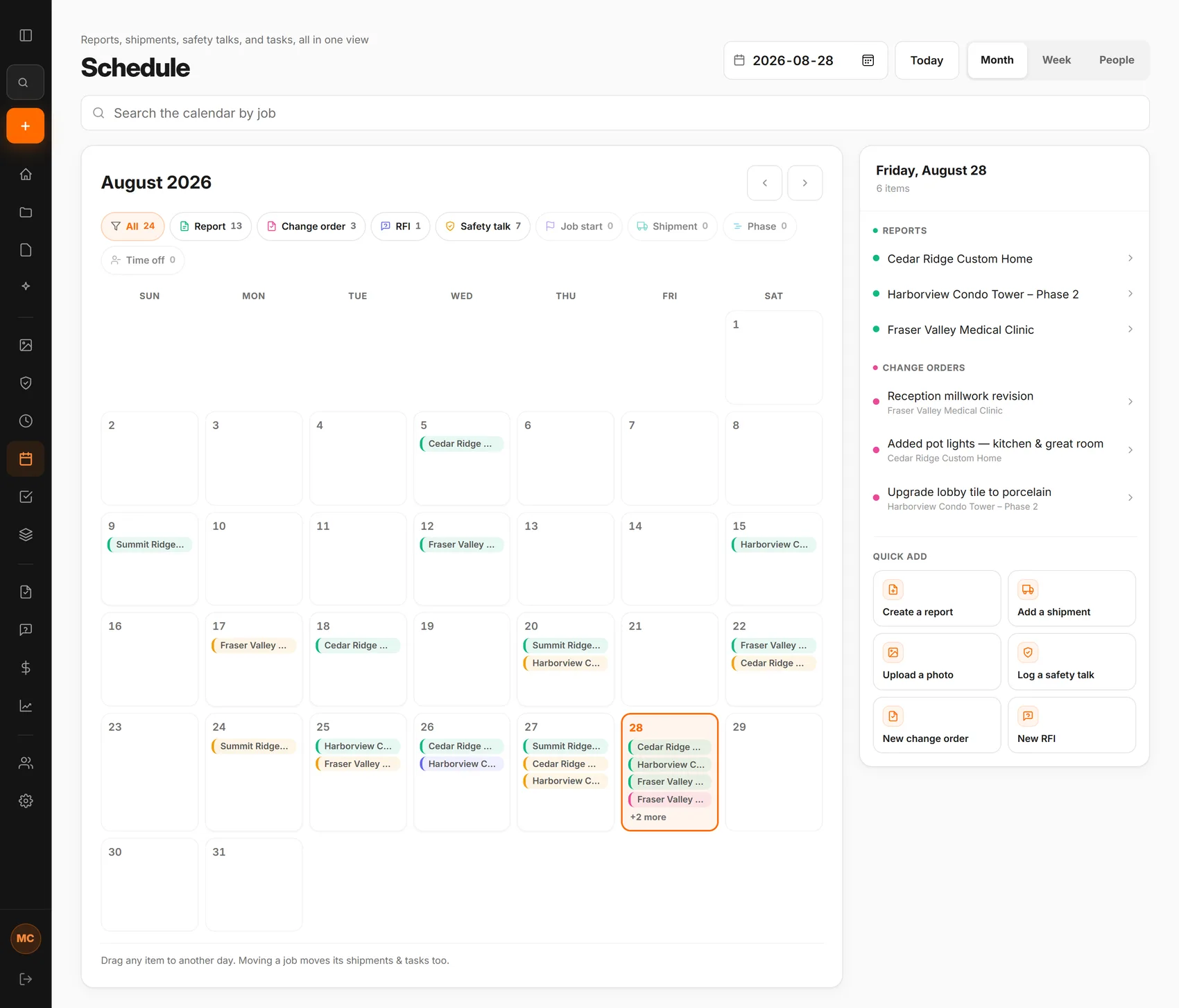 The Schedule screen in CrewLog: a month grid carrying reports, change orders, RFIs and safety talks, with a filter row and a day panel