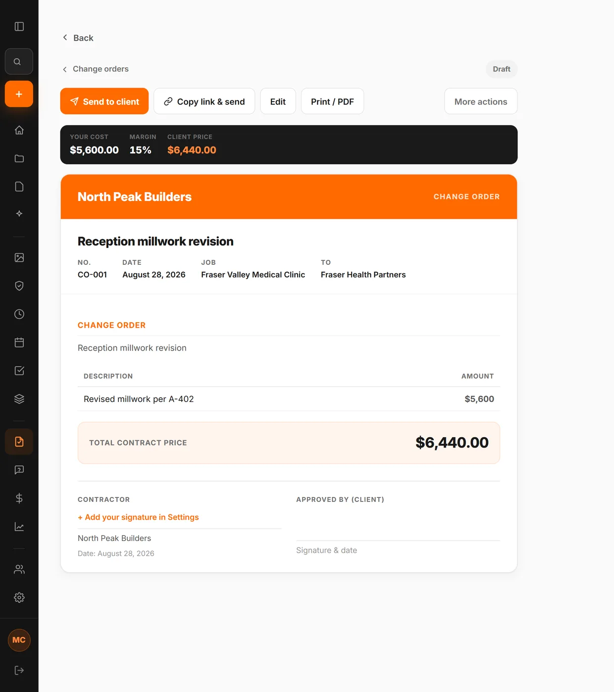 A CrewLog change order, opened: the description, the priced line items and the signature block
