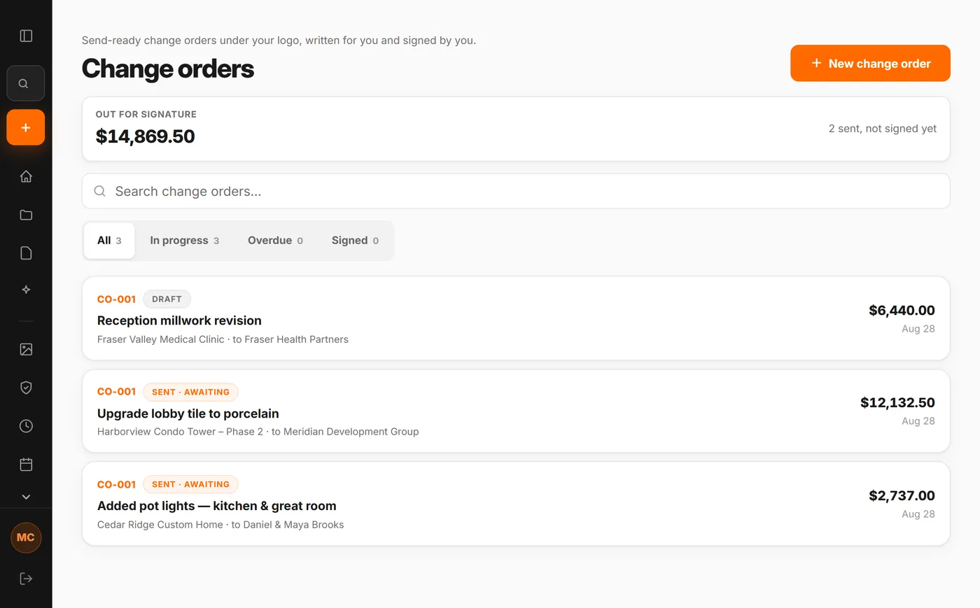 The change order register in CrewLog, led by the total value that has been sent but not yet signed