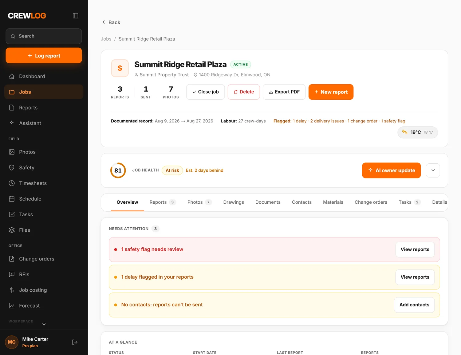 A CrewLog job page: the job header with its counts, a job health score, and the tab strip for reports, photos, drawings, documents, contacts, materials, change orders and tasks