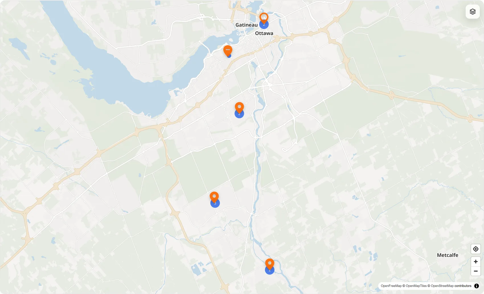 The CrewLog field map: five jobs across one service area as orange pins, with clustered blue photo pins beneath them