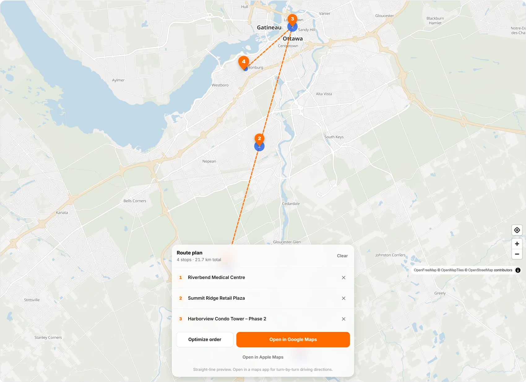 Route planning on the CrewLog field map: four numbered stops joined by a dashed orange line, and a route plan panel reading four stops, 21.7 km total, with buttons to open the run in Google Maps or Apple Maps