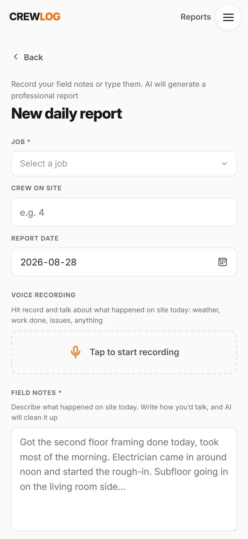 The CrewLog capture screen on a phone: pick the job, set the crew count, record a voice note, type the field notes