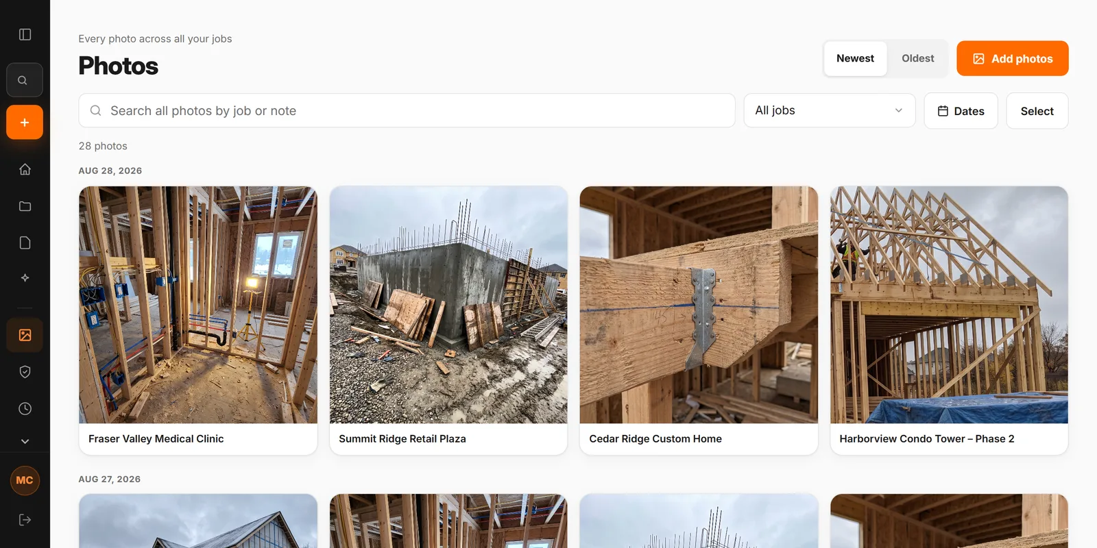 The Photos screen in CrewLog: every photo across every job, grouped by date and searchable by caption