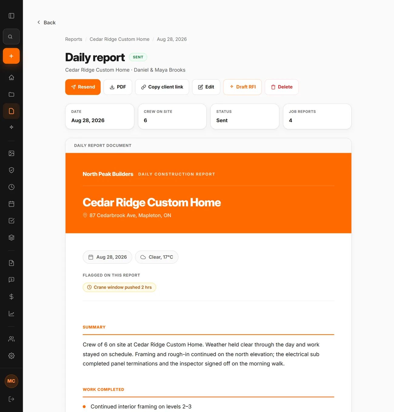 A finished CrewLog daily report: the company letterhead, the date and weather, a flagged delay, a summary, and the Work Completed section