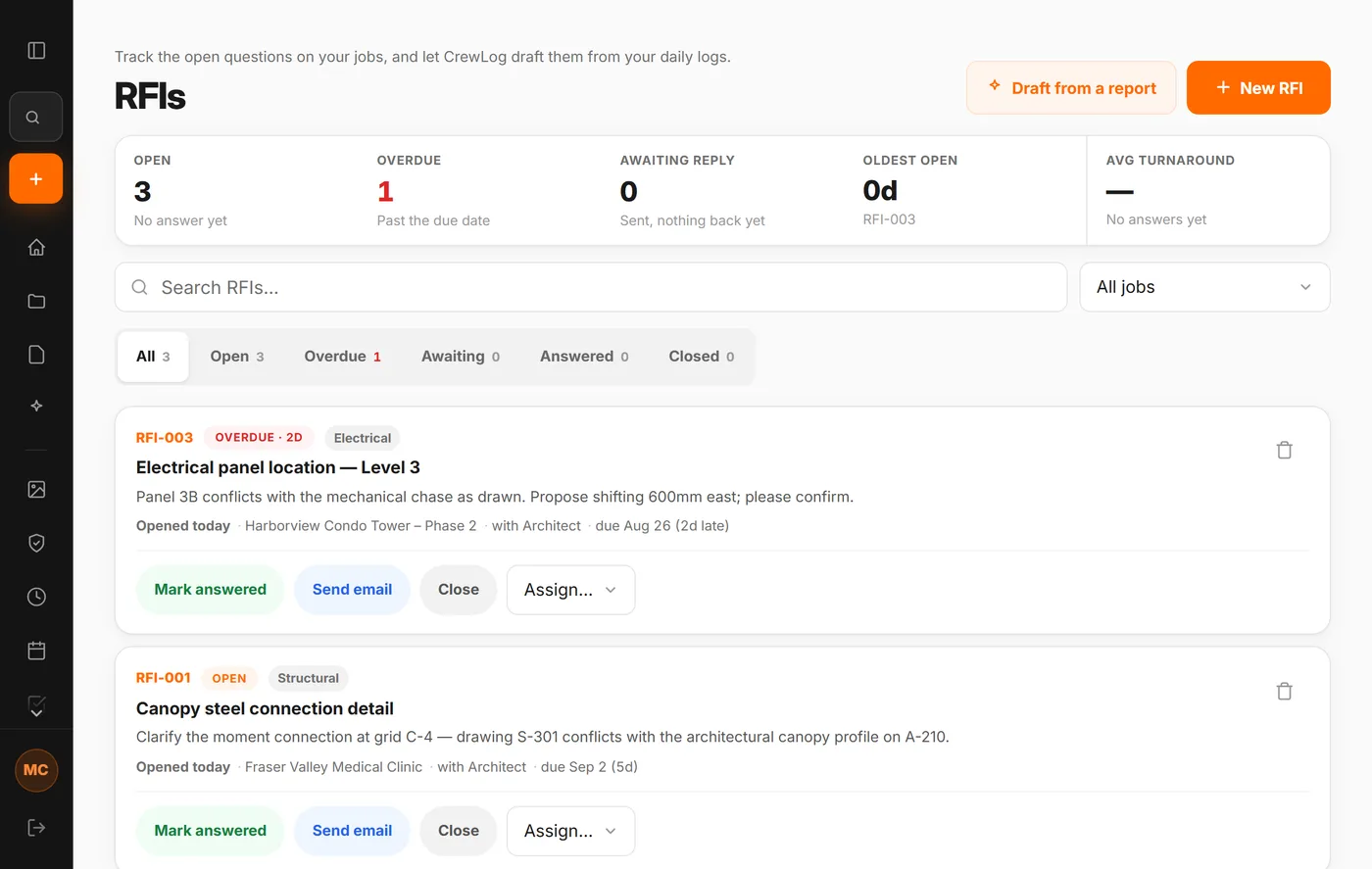 The RFI register in CrewLog, with each request's status and how long it has been open