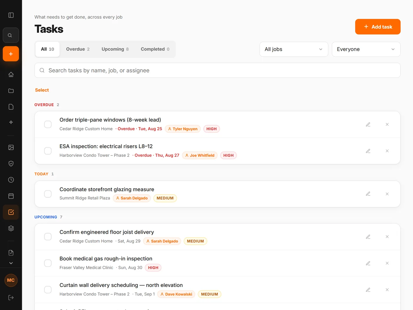 The task list in CrewLog, grouped by what is assigned to you, what is overdue, what is due today and what is upcoming