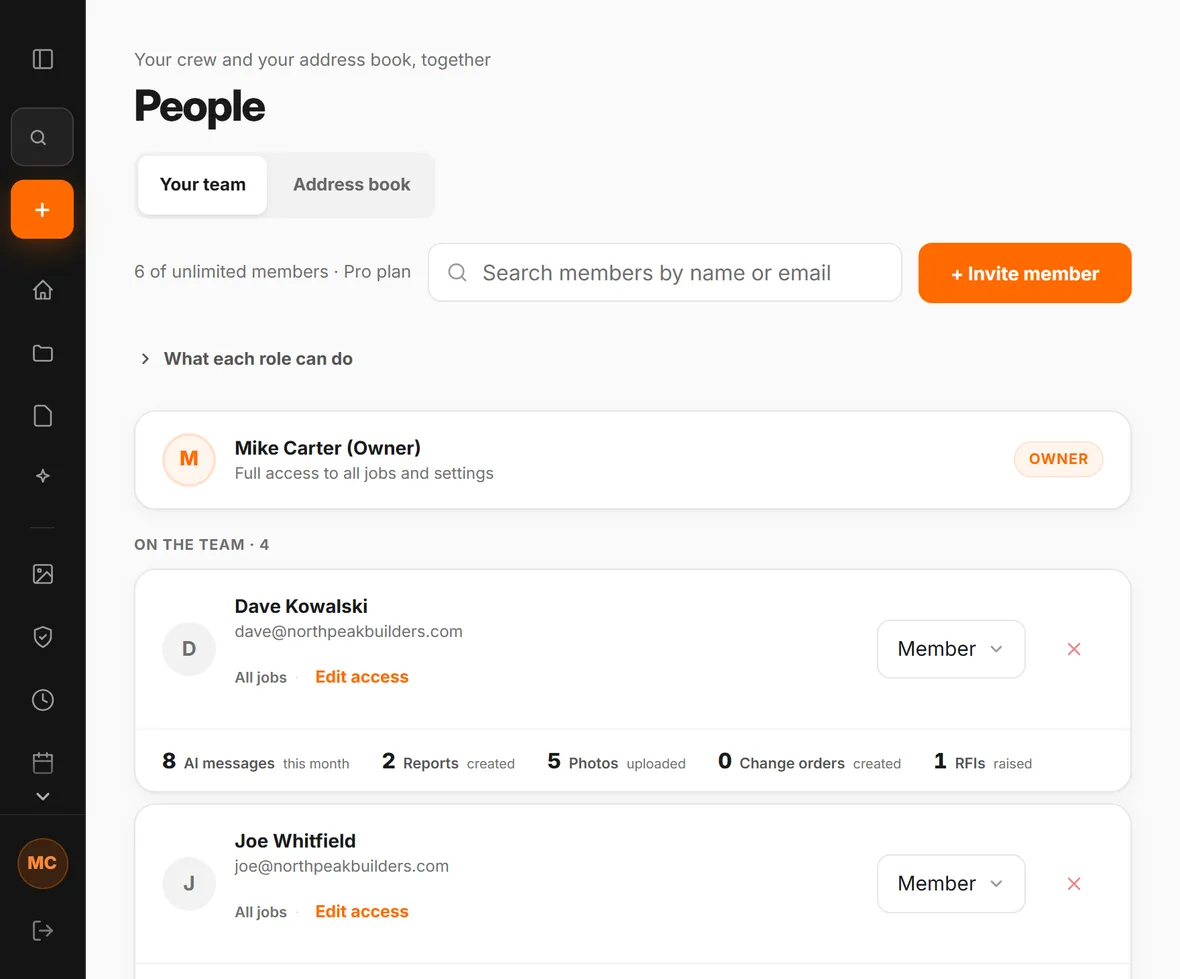The People screen in CrewLog: the team roster with each person's role and job access