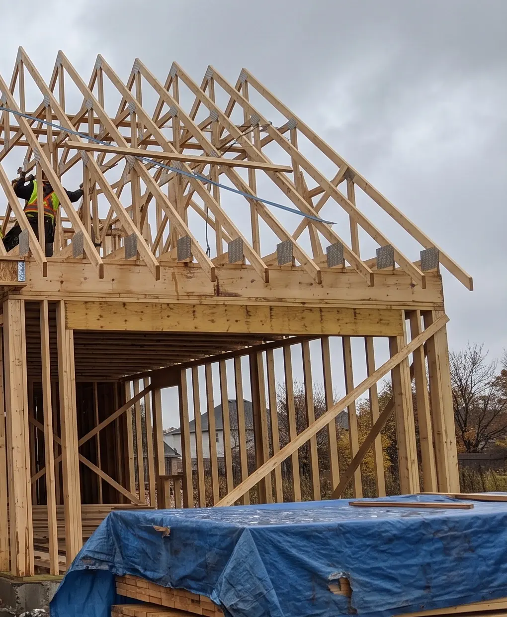 A framer setting roof trusses over a framed garage
