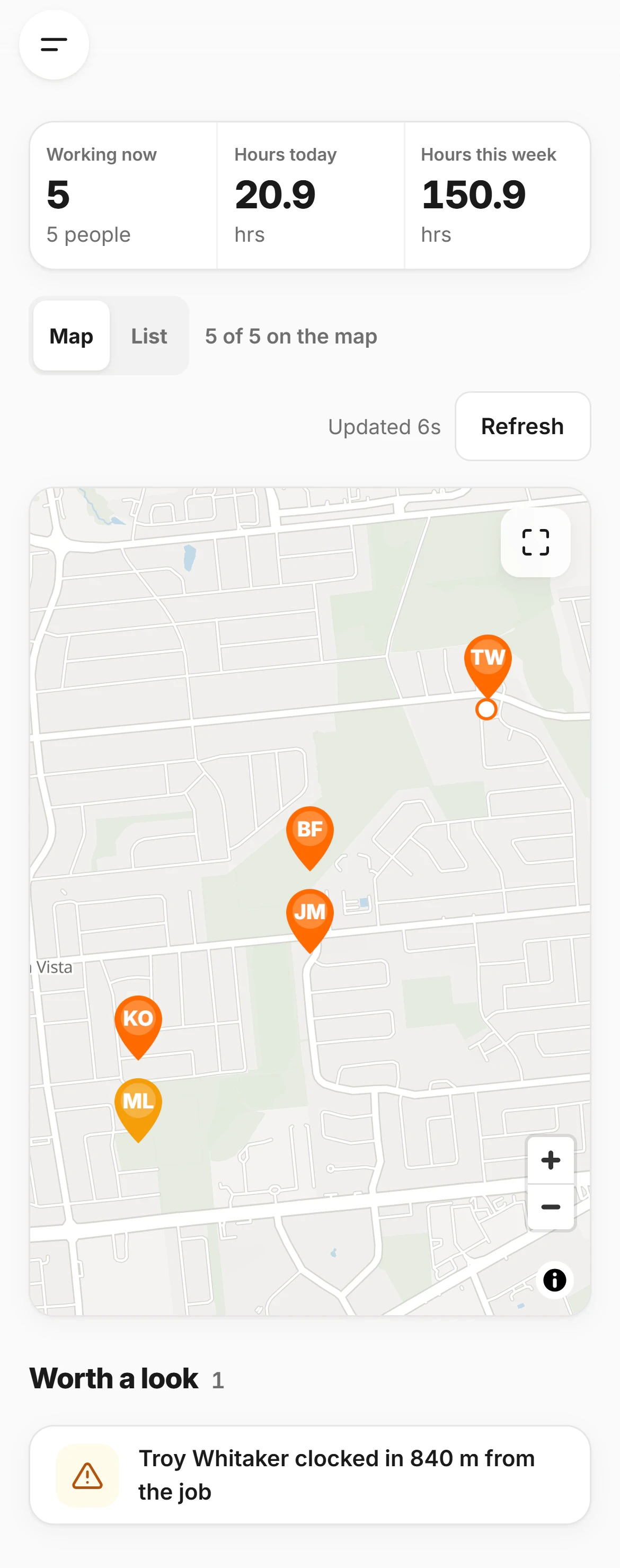 The live crew board’s map: five people on the clock as pins by their initials, TW, BF, JM, KO and ML, around Alta Vista, the one far from the job ringed.