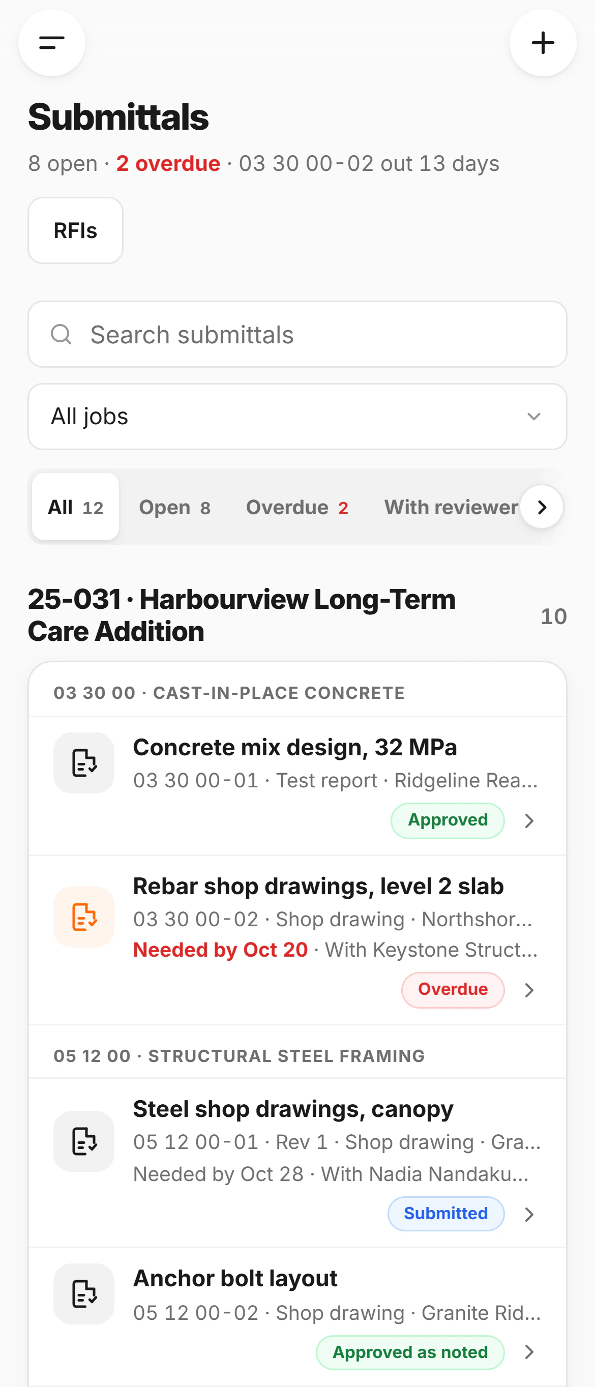 The Submittals log in CrewLog: 8 open and 2 overdue, filters for open, overdue, with the reviewer, returned and draft, and the first job, 25-031 · Harbourview Long-Term Care Addition, by spec section: 03 30 00 cast-in-place concrete, the mix design approved and the level 2 rebar shop drawings overdue, needed by October 20, with Keystone Structural; 05 12 00 structural steel framing, the canopy shop drawings at revision 1, submitted and with the architect, Nadia Nandakumar, and the anchor bolt layout approved as noted.