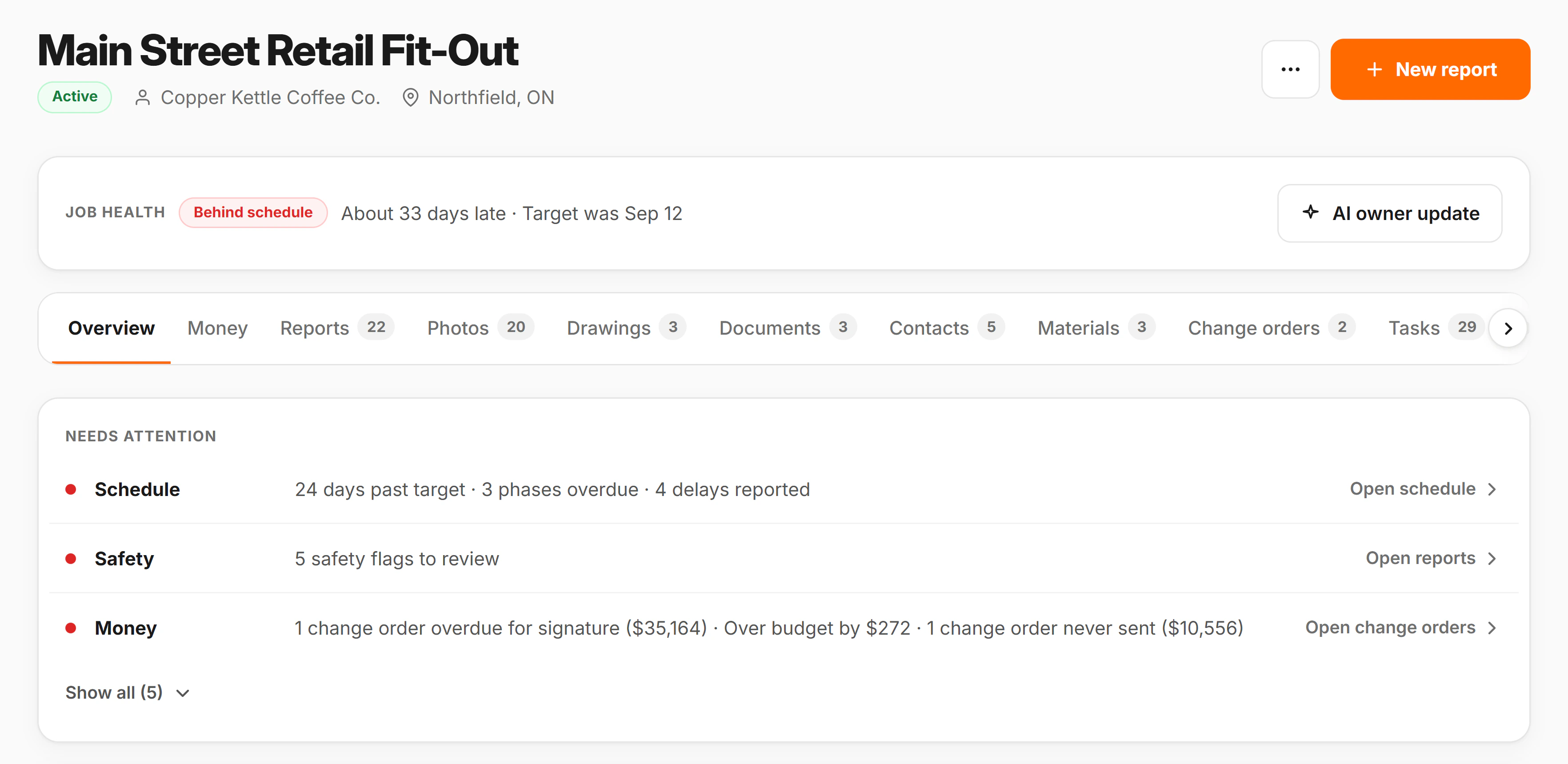 The job page for a sample job in CrewLog: the header with the client and the day’s weather, the job health line, the tabs for money, reports, photos and the rest, and the Needs attention card.