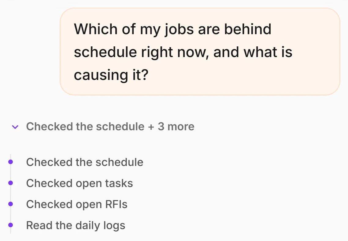 The question “Which of my jobs are behind schedule right now, and what is causing it?” in the CrewLog Assistant, and under it the trail of what it read before answering, opened: Checked the schedule, Checked open tasks, Checked open RFIs, Read the daily logs.