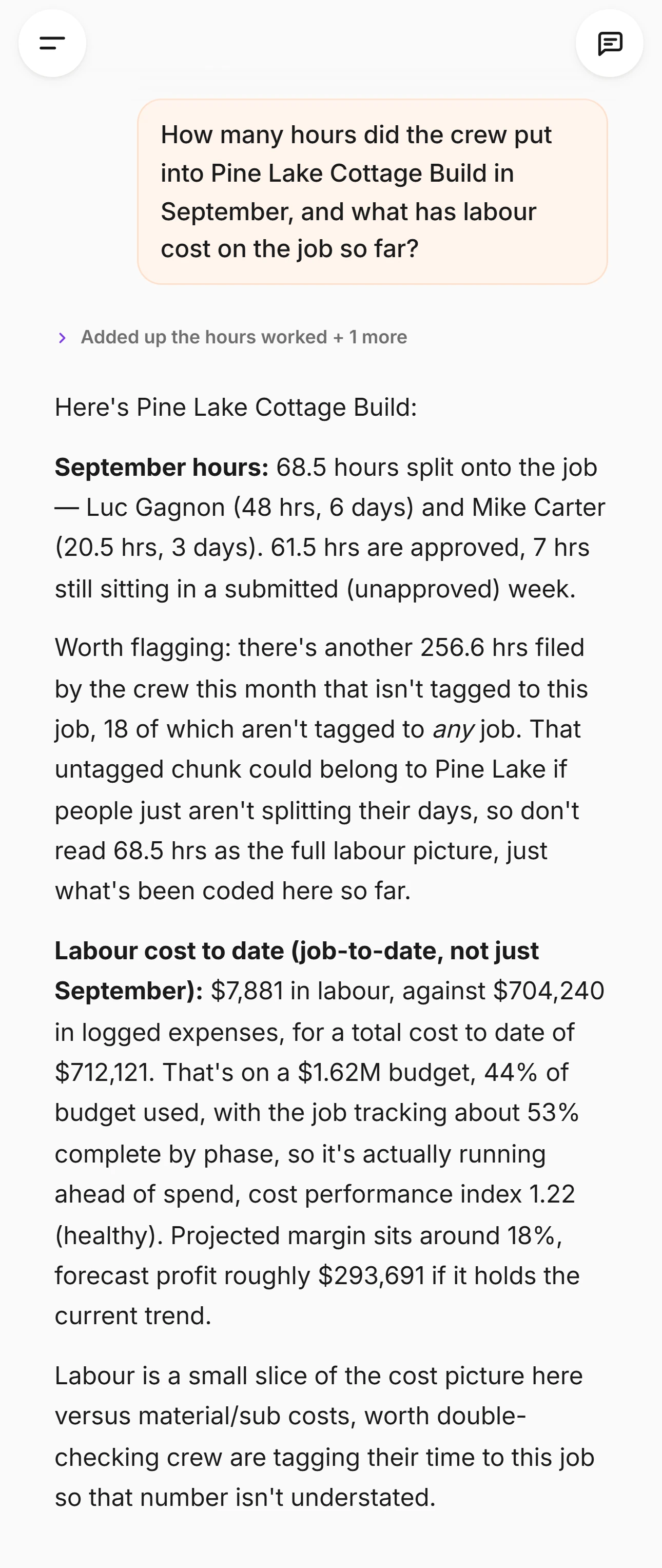 The CrewLog Assistant answering how many hours went into Pine Lake Cottage Build in September: 68.5 hours split by person, 61.5 approved and 7 submitted, 18 hours tagged to no job, and $7,881 of labour to date beside the job’s costs, its $1.62M budget and a projected margin around 18%.