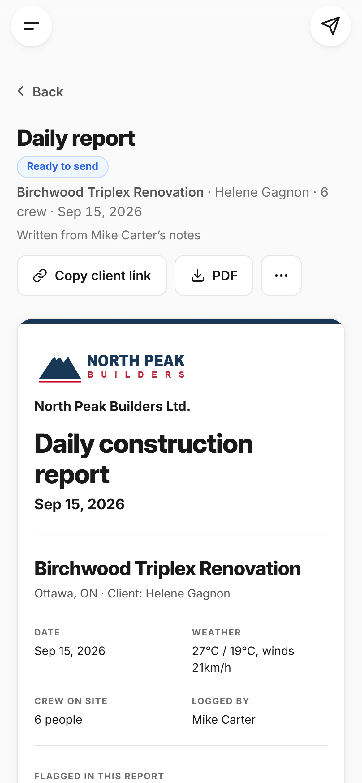 The daily construction report for Birchwood Triplex Renovation, Sep 15, 2026, on North Peak Builders’ letterhead, ready to send.
