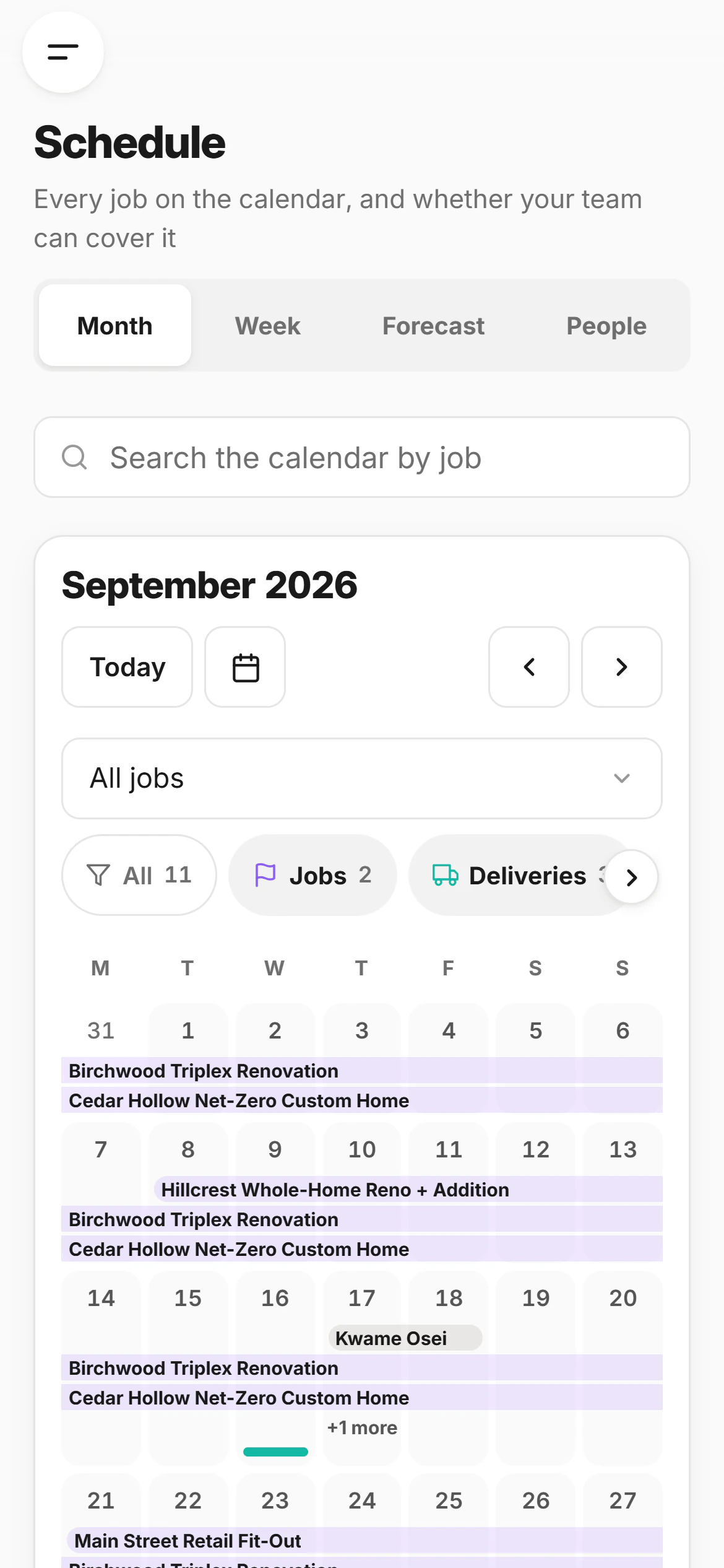 The CrewLog Schedule for September 2026: each job as a bar across the month, deliveries and time off on their days, filter chips for jobs, deliveries, time off, reports and change orders, and a day panel listing the jobs on the go on Monday, September 28.