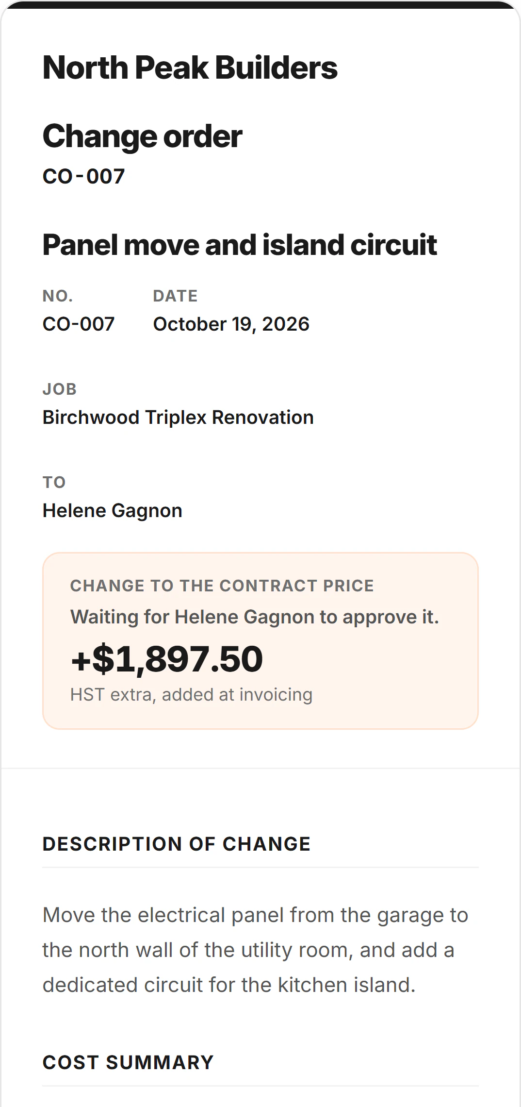 Change order CO-007, Panel move and island circuit, as the client sees it on a phone, open at the price: to Helene Gagnon, plus $1,897.50 to the contract price, HST extra, waiting for her to approve it, then the description of the change, moving the electrical panel to the utility room and adding a dedicated circuit for the kitchen island.