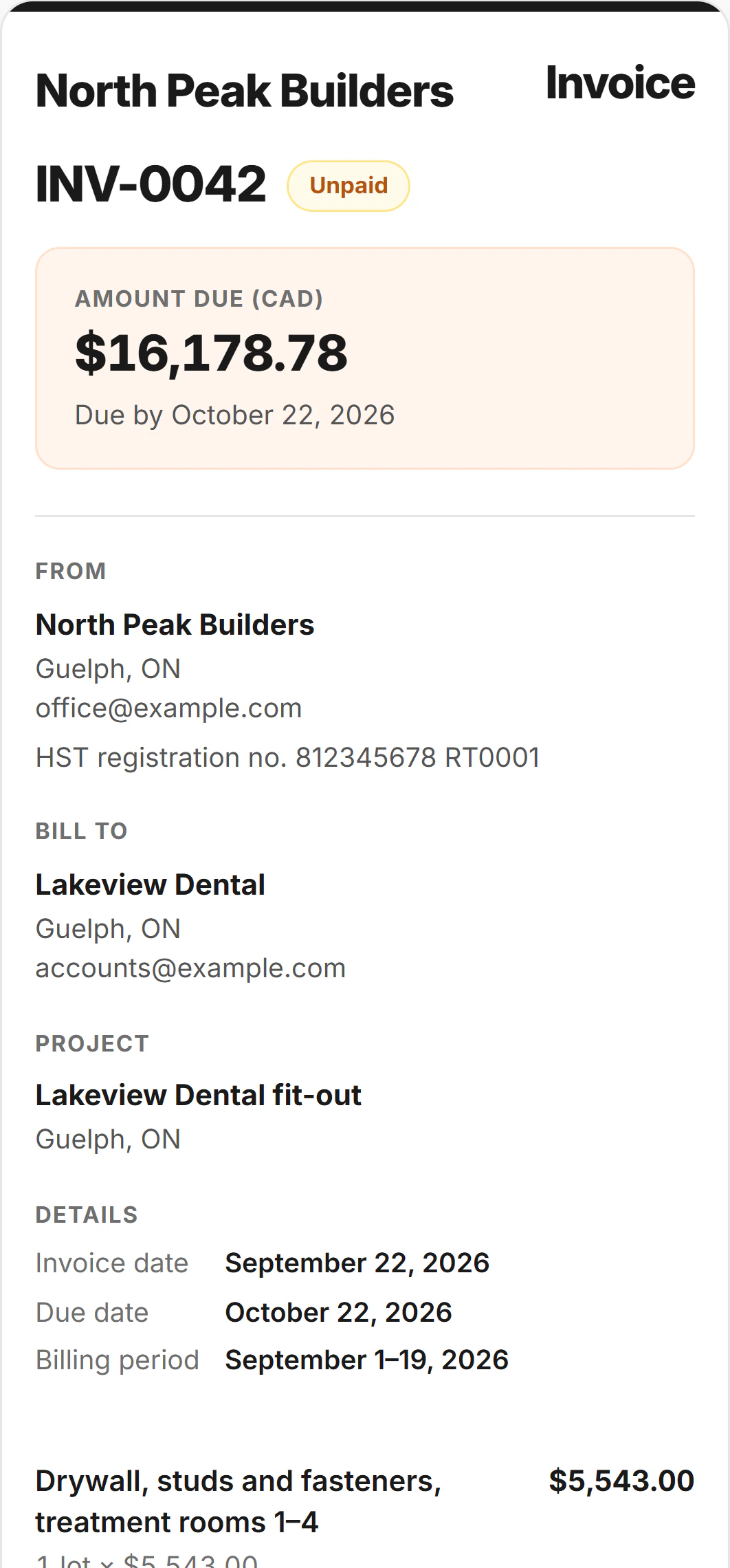 Invoice INV-0042 from North Peak Builders, as the client sees it on a phone, open at the amount: $16,178.78 due by October 22, 2026, then who it is from, North Peak Builders in Guelph with its HST registration, and who it bills, Lakeview Dental.