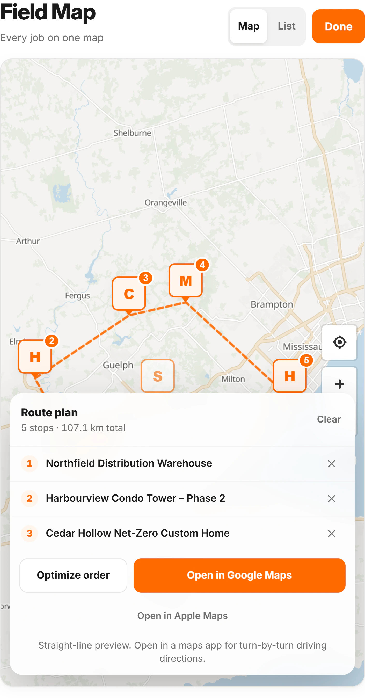 The CrewLog field map on a phone with a five-stop route: numbered orange pins joined by a dashed line across southern Ontario, and a route plan panel reading five stops, 107.1 km total, with buttons to optimize the order and open the run in Google Maps.