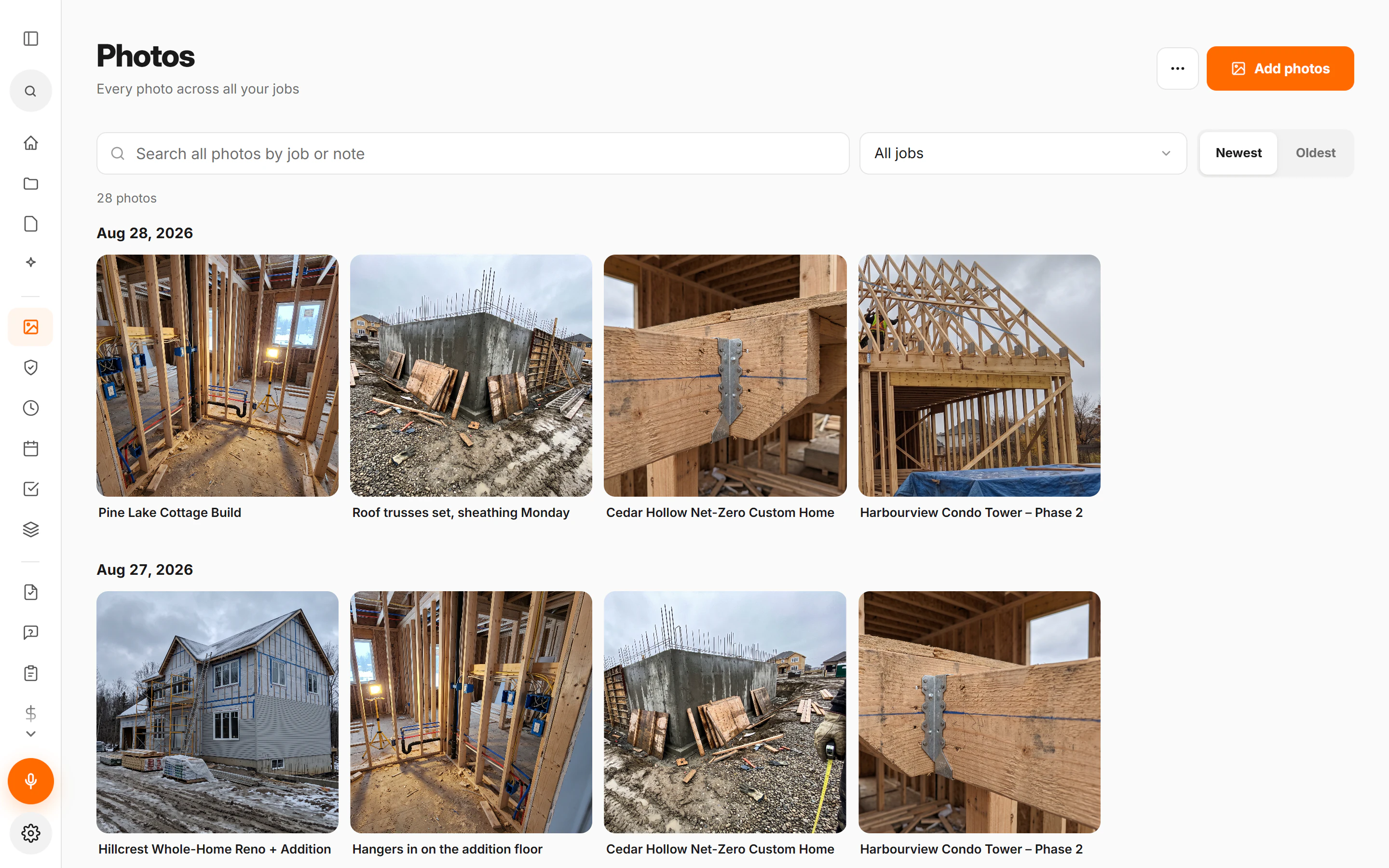 A photo in the library: roof trusses set, sheathing Monday.